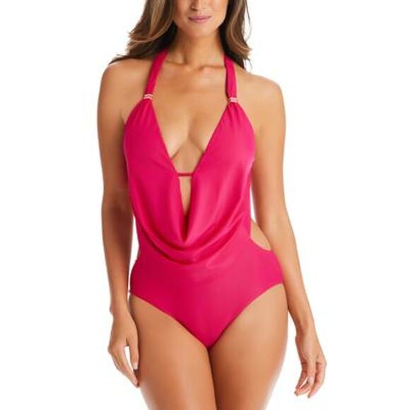 Bar III Solid Cowlneck One-Piece Swimsuit ruby pink, L - Picture 2 of 8
